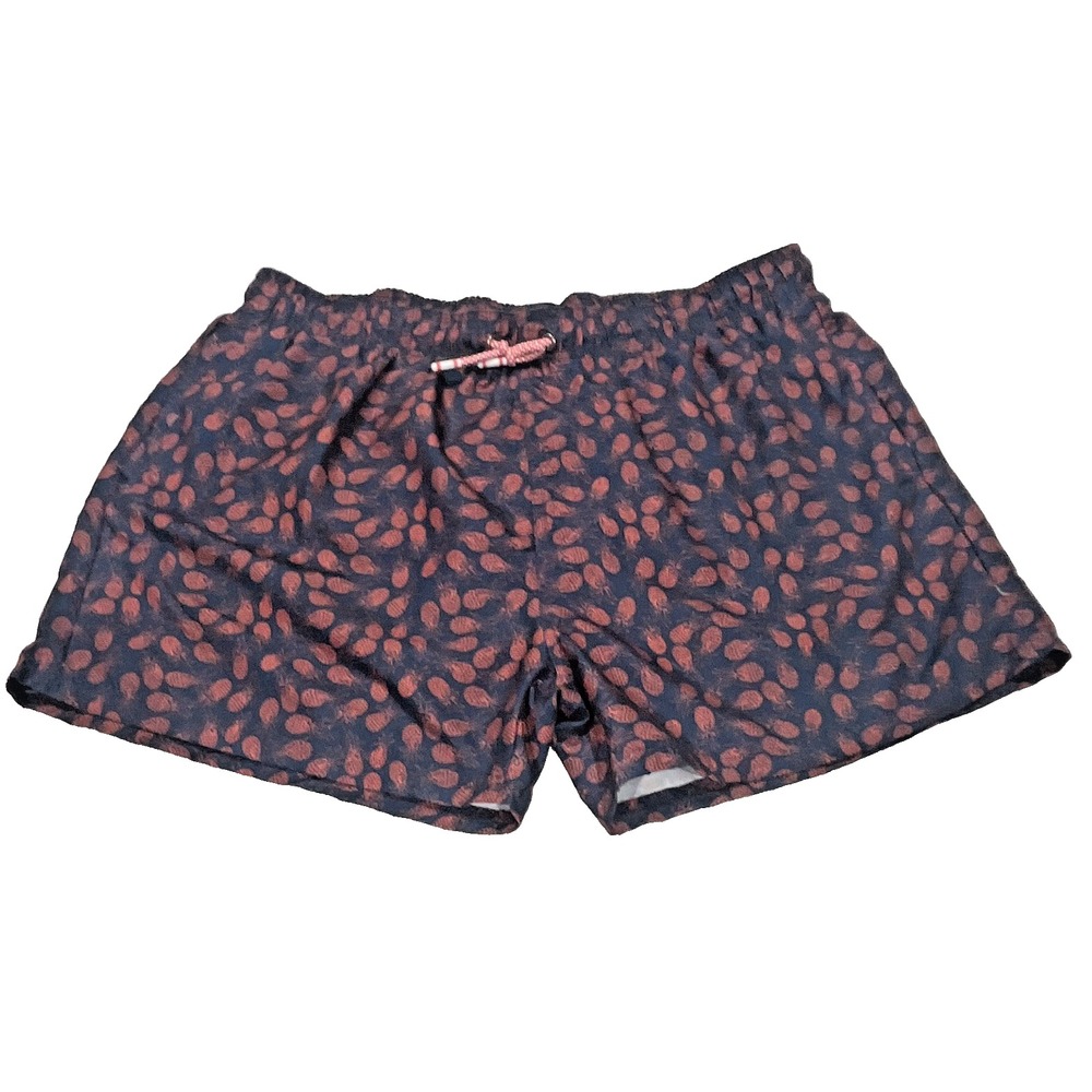 Mens Navy Blue Pineapple Print Swim Trunks Elastic Waist Drawstring Shorts